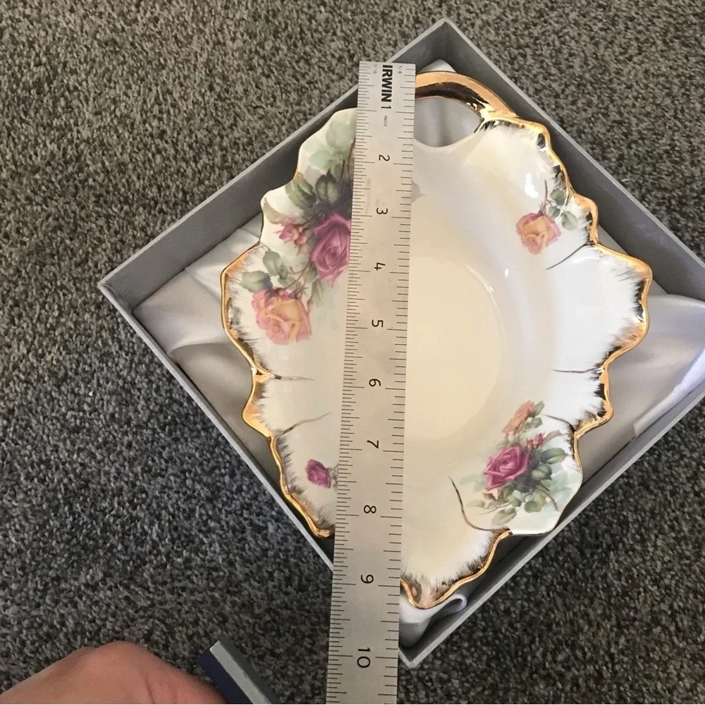Fine Porcelain Bowl / Candy Dish By JS Gold Trim Pink and Red Roses